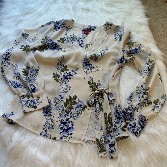 Vince Camuto Tops - Vince Camuto Top White/Blue Floral Surplice Wrap Front Long Sleeve Small